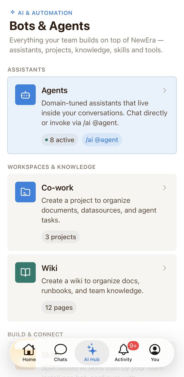 Màn hình AI Hub trong ứng dụng Nexa — quản lý Agents, Co-work và Wiki